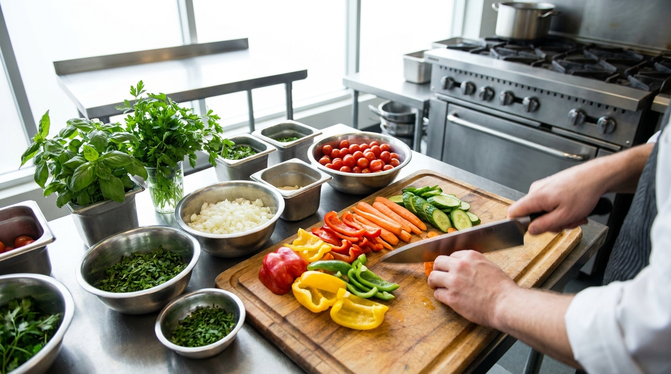 Bucatar taie legume pe blat in bucatarie profesionala pentru mise en place
