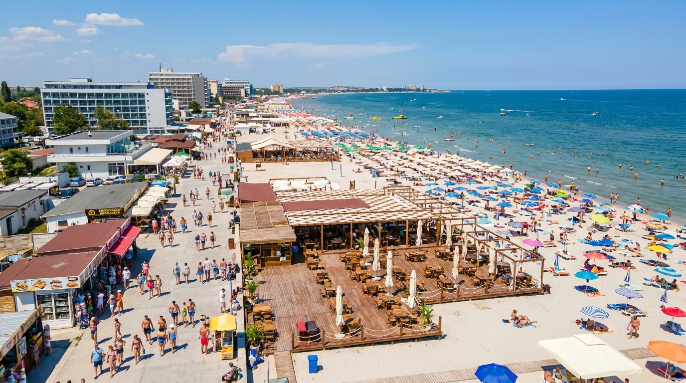 Statiune de pe litoralul romanesc vara cu terase si turisti