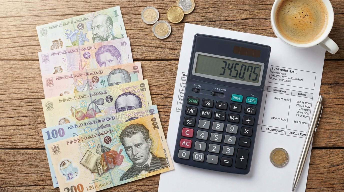 Calcul salariu net pentru un job de vara cu bancnote lei si calculator